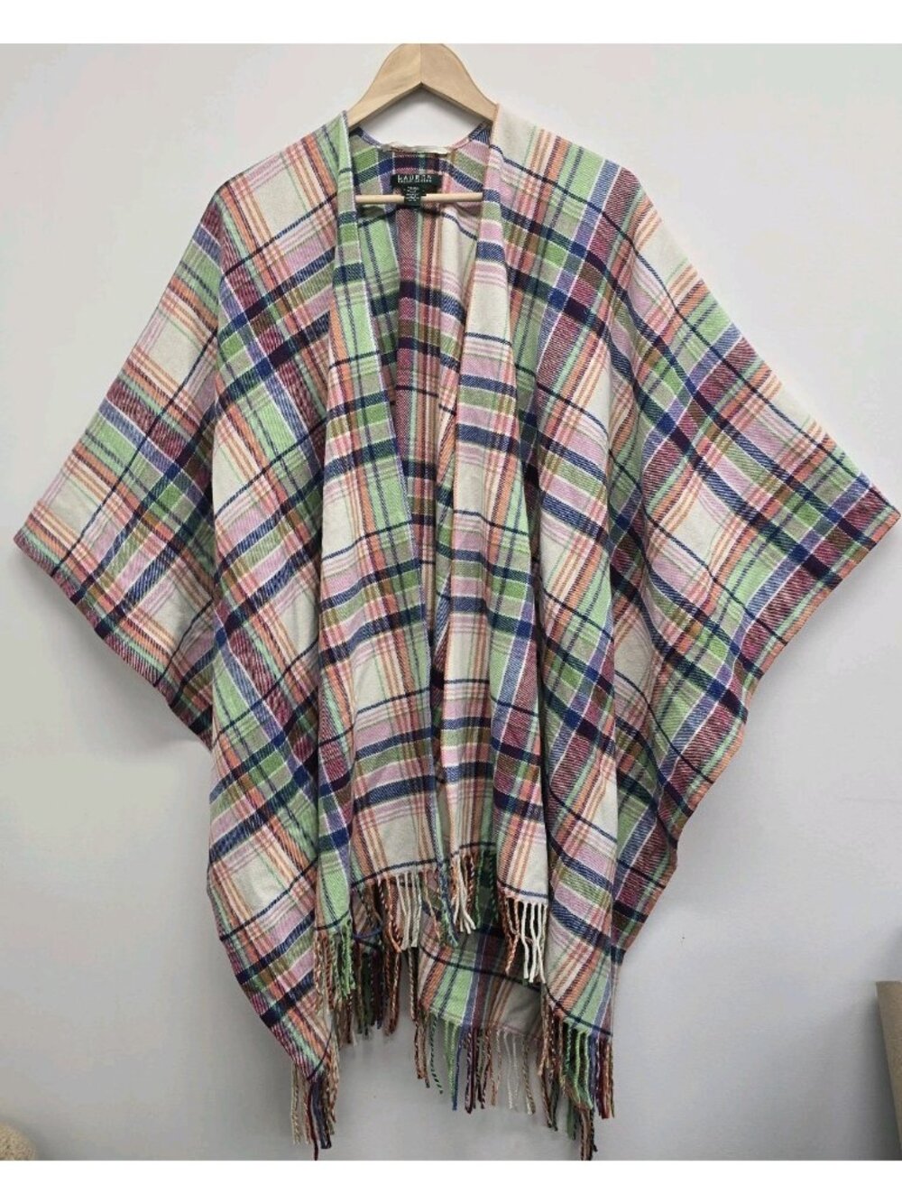 Lauren Ralph Lauren Cape Poncho Wrap One Size Wool Blend Plaid Layering Fringe